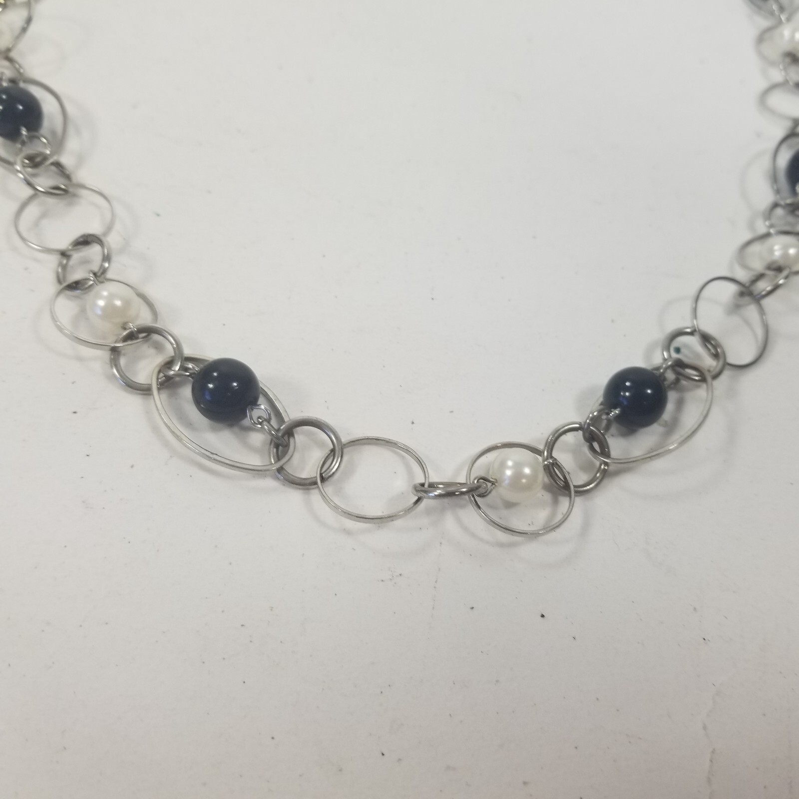 SIlver Tone Beaded Open Circle Oval Chain Link Long Necklace