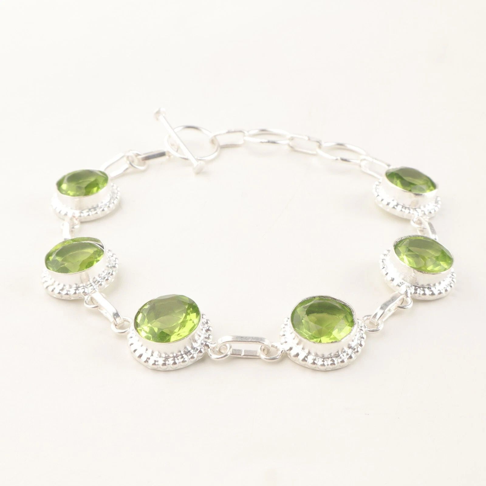 Womens day Deal Oval Cut Peridot Gemstone 925 Silver Chain Handcrafted Bracelet