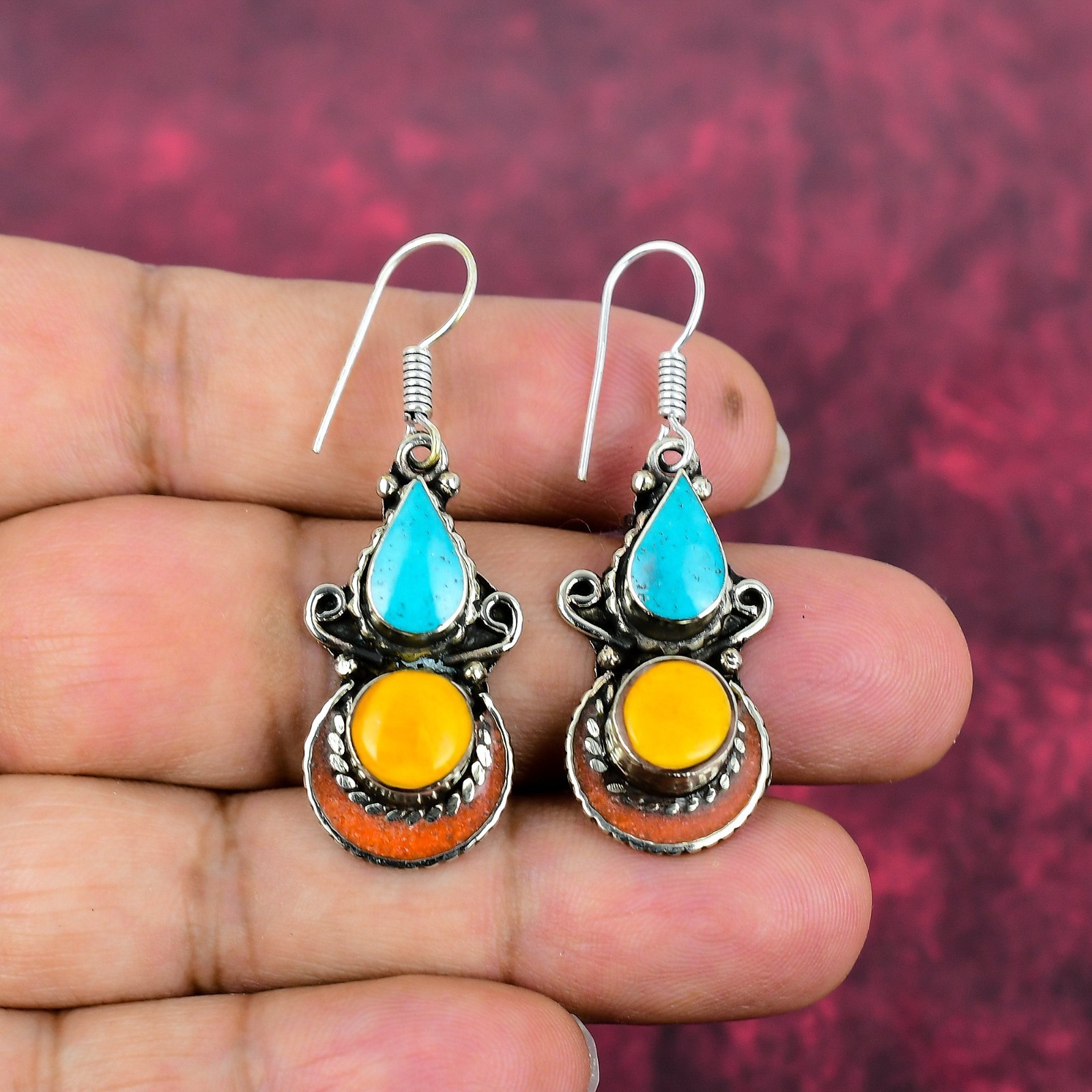 Blue Turquoise & Coral Gemstone 925 Silver Earrings Handmade Nepali Jewelry