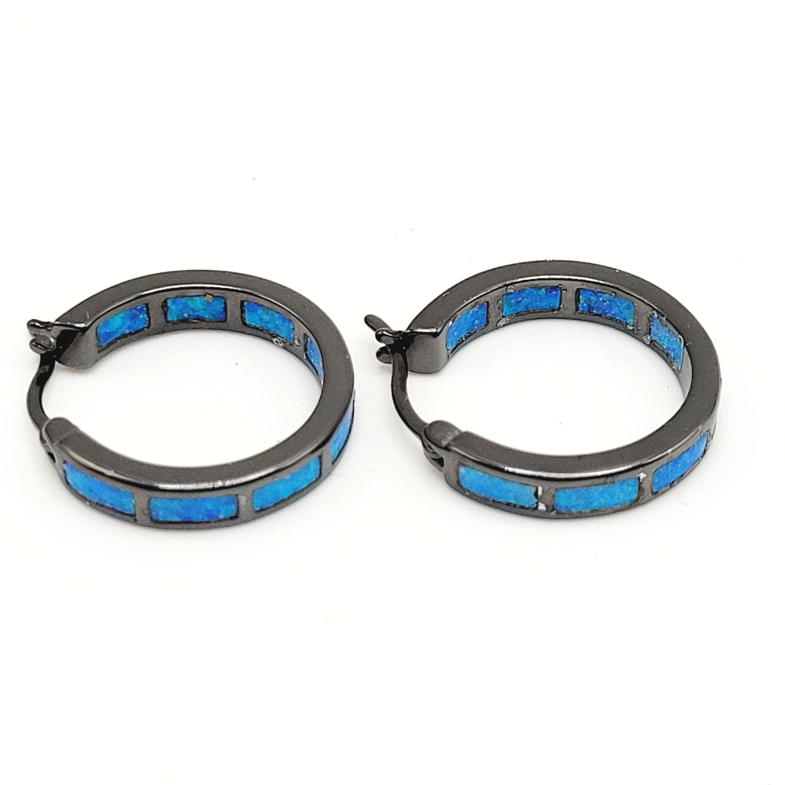 Blue Shade Opal Lab Created Inlay Dark Gunmetal Tone Small Hoop Pierced Earrings