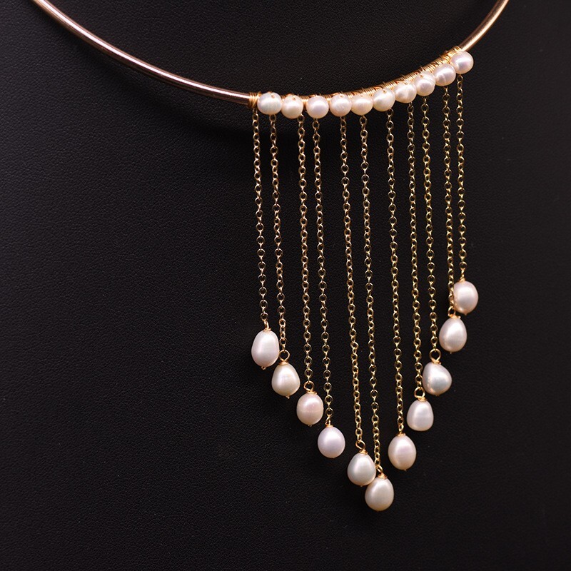 18″South Sea White Pearl Baroque Tassel Collar Elegant Retro Necklace 14K Glod P