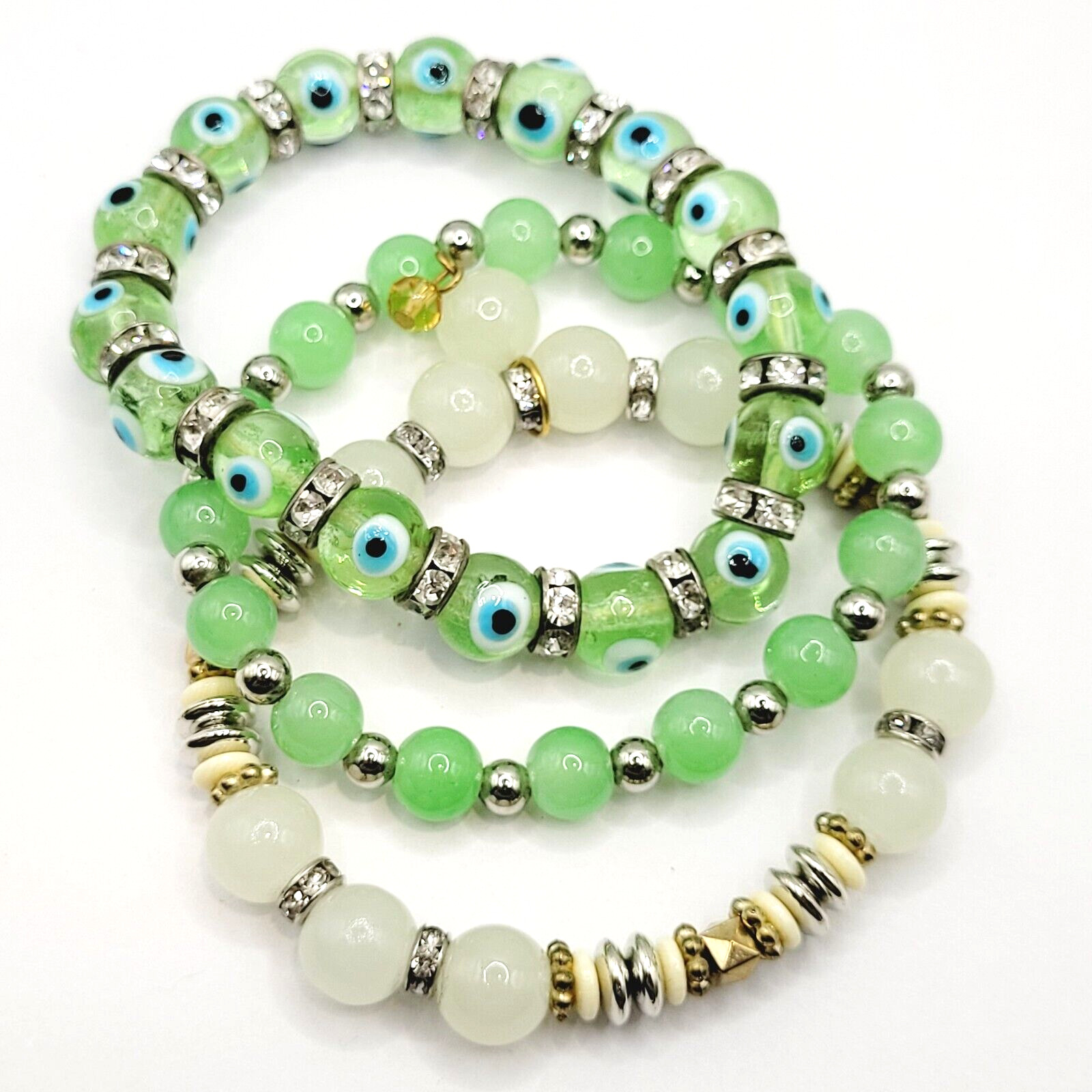 Modern Three Glass Bead w Rhinestone Jade Milky Glass Color Stretch Bracelet Set