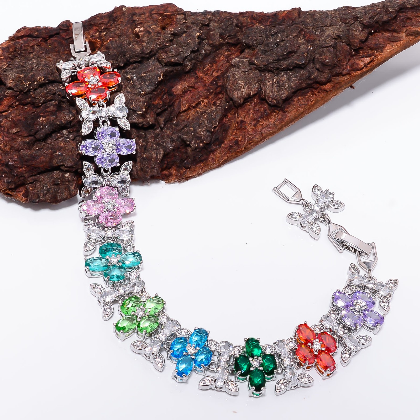Multi Sapphire -Simulated, CZ 925 Sterling Silver Adjustable Bracelet 7-8″ B938