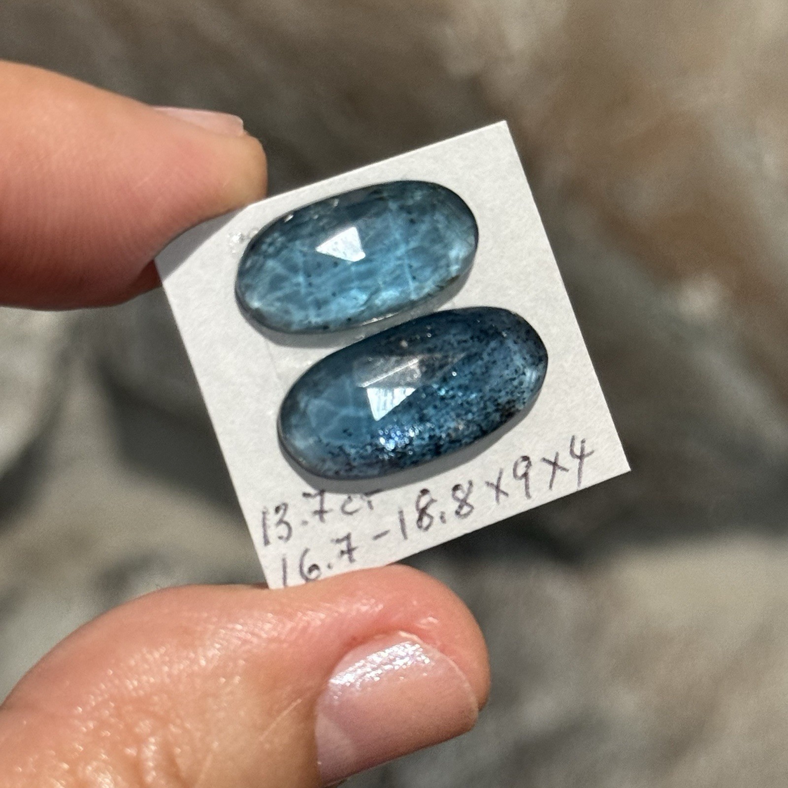 13.7ct 16.7-18.8x9x4mm Pair Teal Blue Faceted Moss Kyanite Oval Cabochon Gems