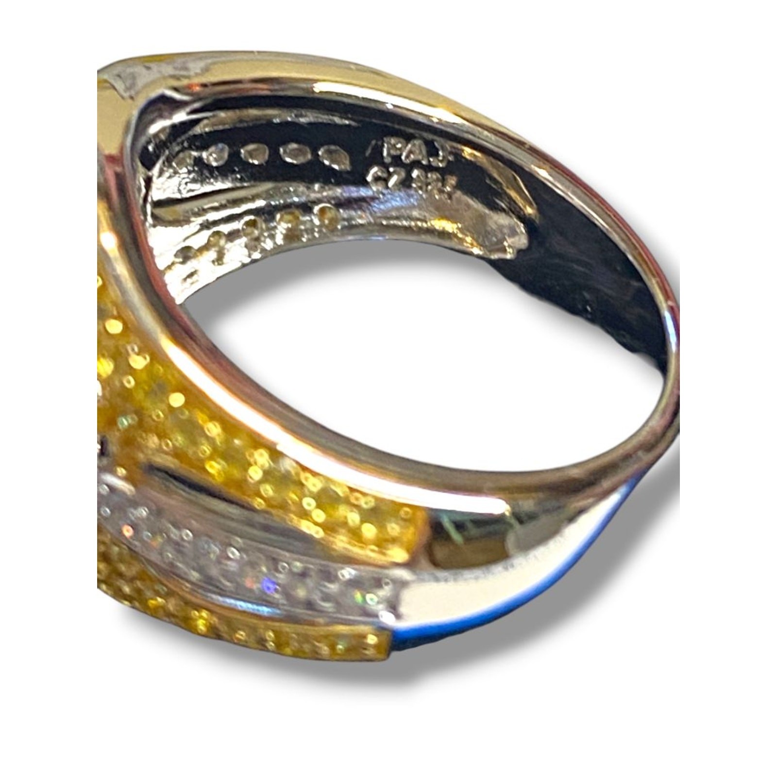 Size 6.5 Victoria Wieck PAJ Vermeil Yellow & Clear CZ Three Stone Cocktail