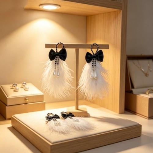 Fluffy Feather Drop Earrings Satin Bow Rhinestone Hoop Pearl Tassel