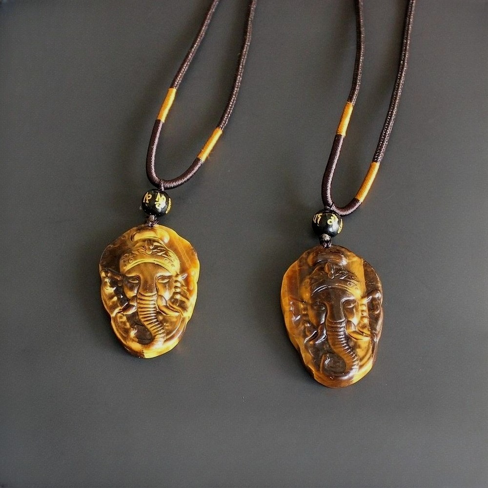 Natural crystal gemstone gold tiger eye Ganesha necklace pendant with rope chain
