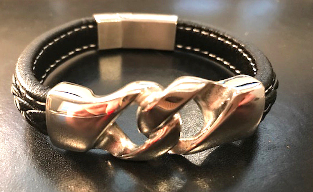 New Mens Black Braided Band With Silver Double Link Band 9” L x 1/2” W