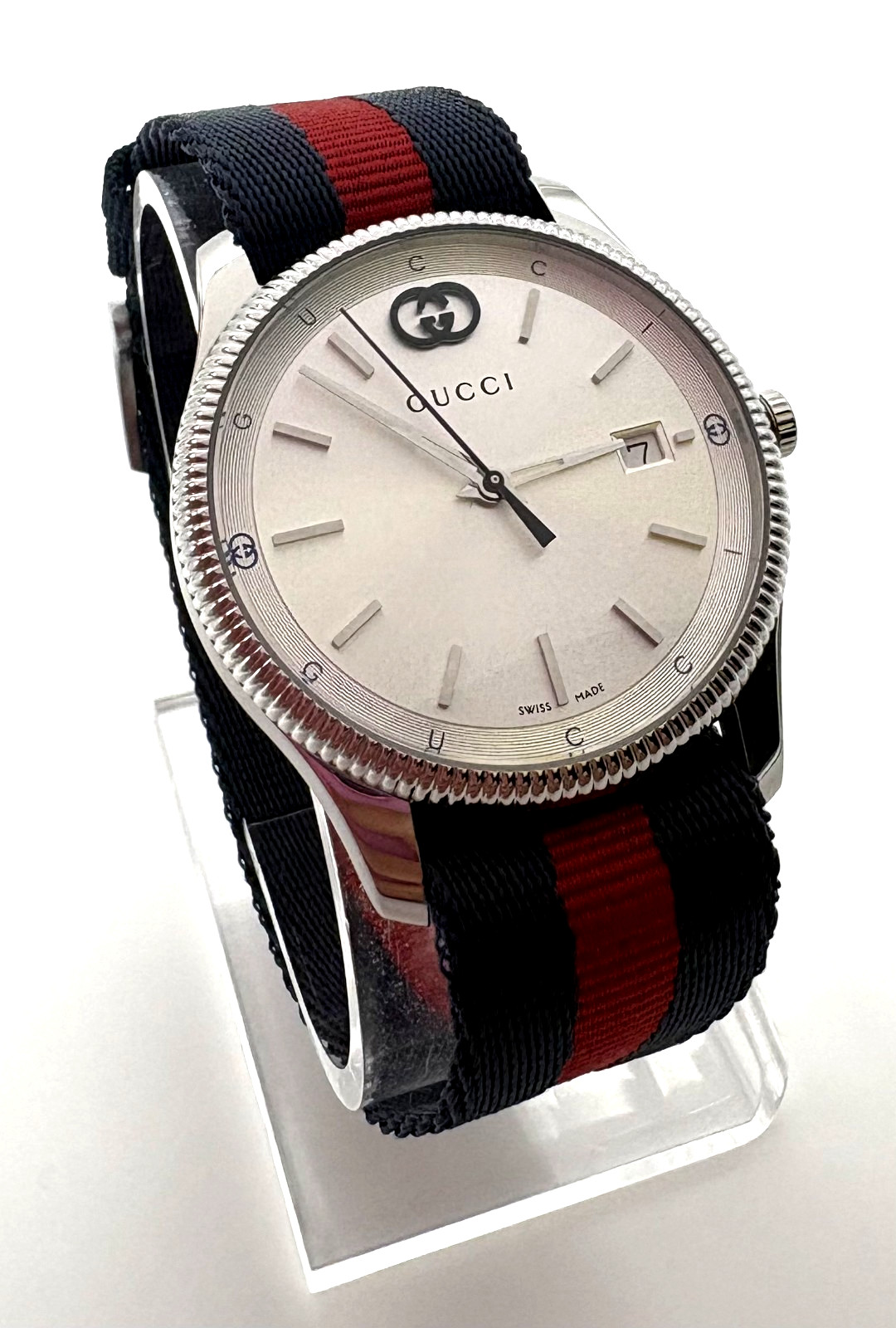Gucci G-Timeless Silver Dial Blue/Red Nylon strap Quartz Unisex Watch YA1264237