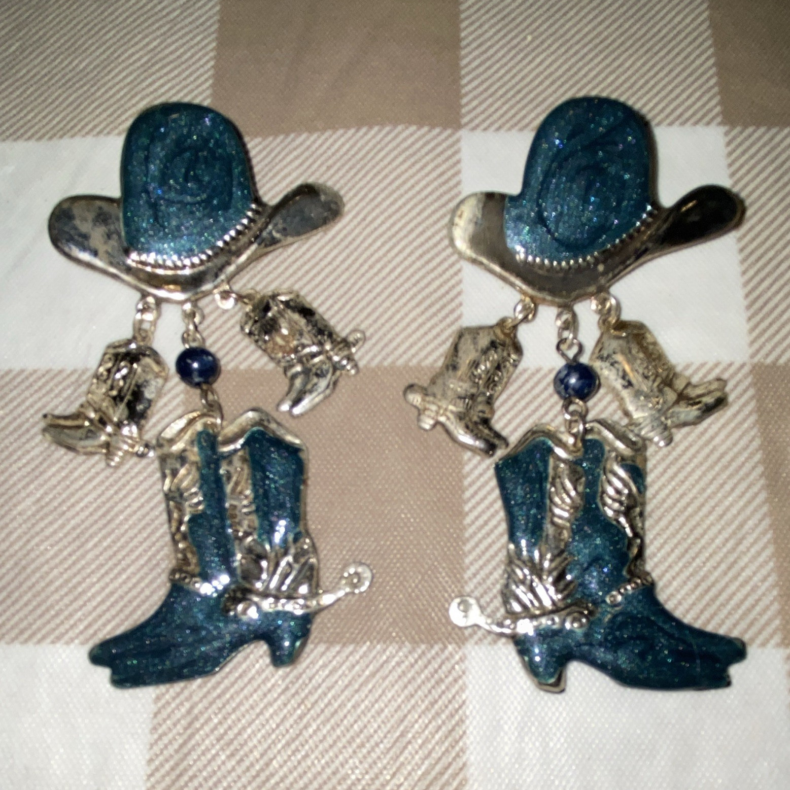 Western Cowboy Hat & Boots Dangle/Drop Post Earrings, Silver Tone & Blue