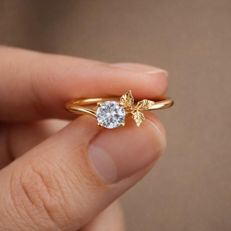 Nature Inspired Round Moissanite Ring Stackable Leaf Style Anniversary Gift Her
