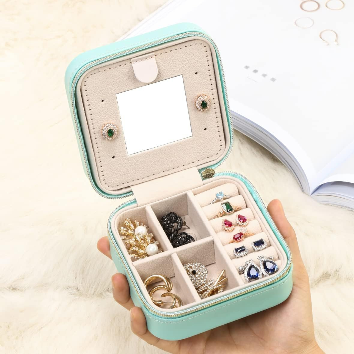Small Travel Jewelry Case with Mirror, Portable Organizer Box, Blue