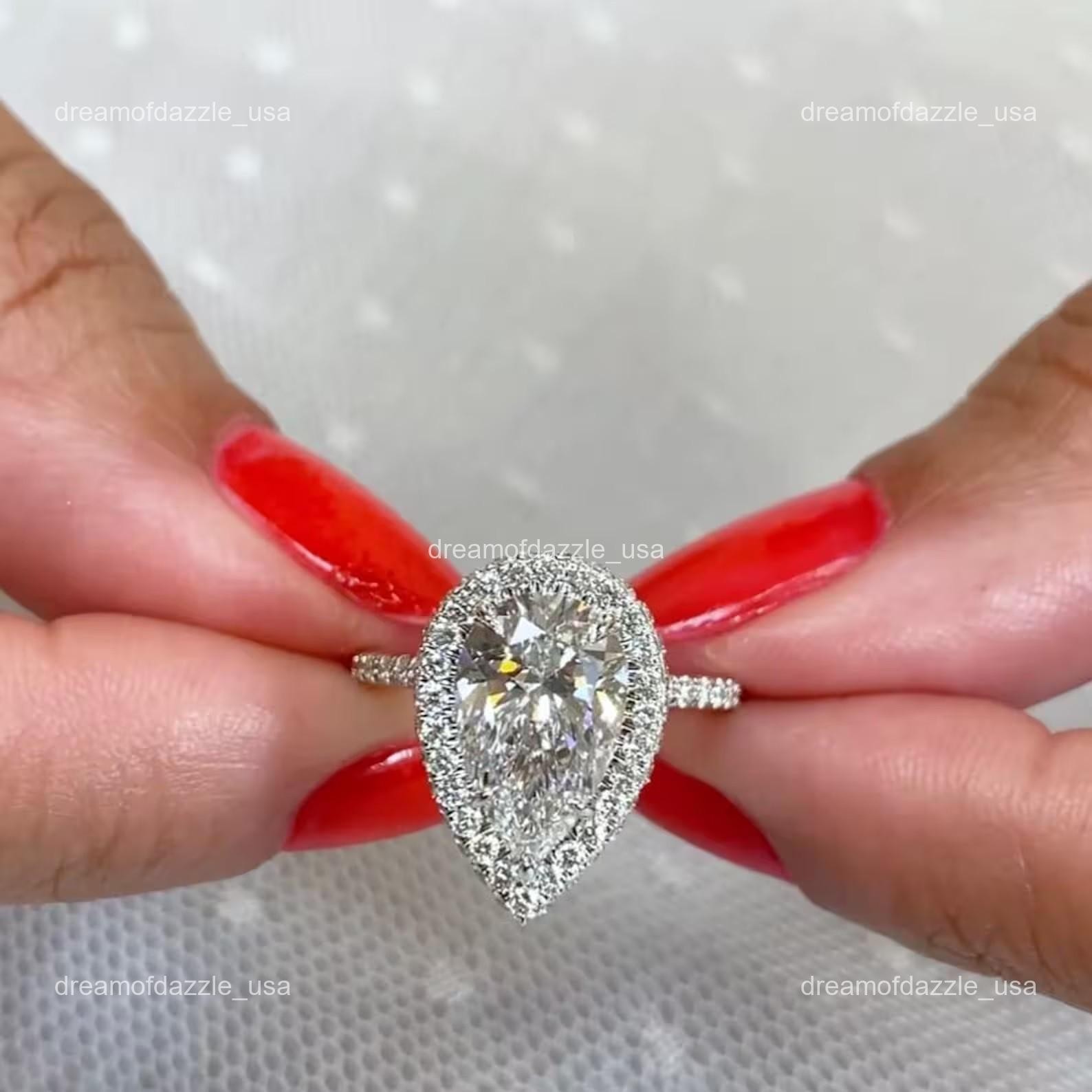 Pear Lab Grown Dimaond 14K White Gold Solitaire with Accents Prong Ring Jewelry