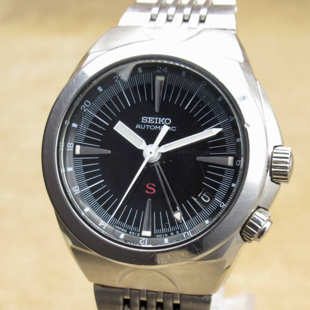 Seiko Sus SUS Mechanical Sus 4S12-0010 GMT Red S Logo Black Dial Silver Metal
