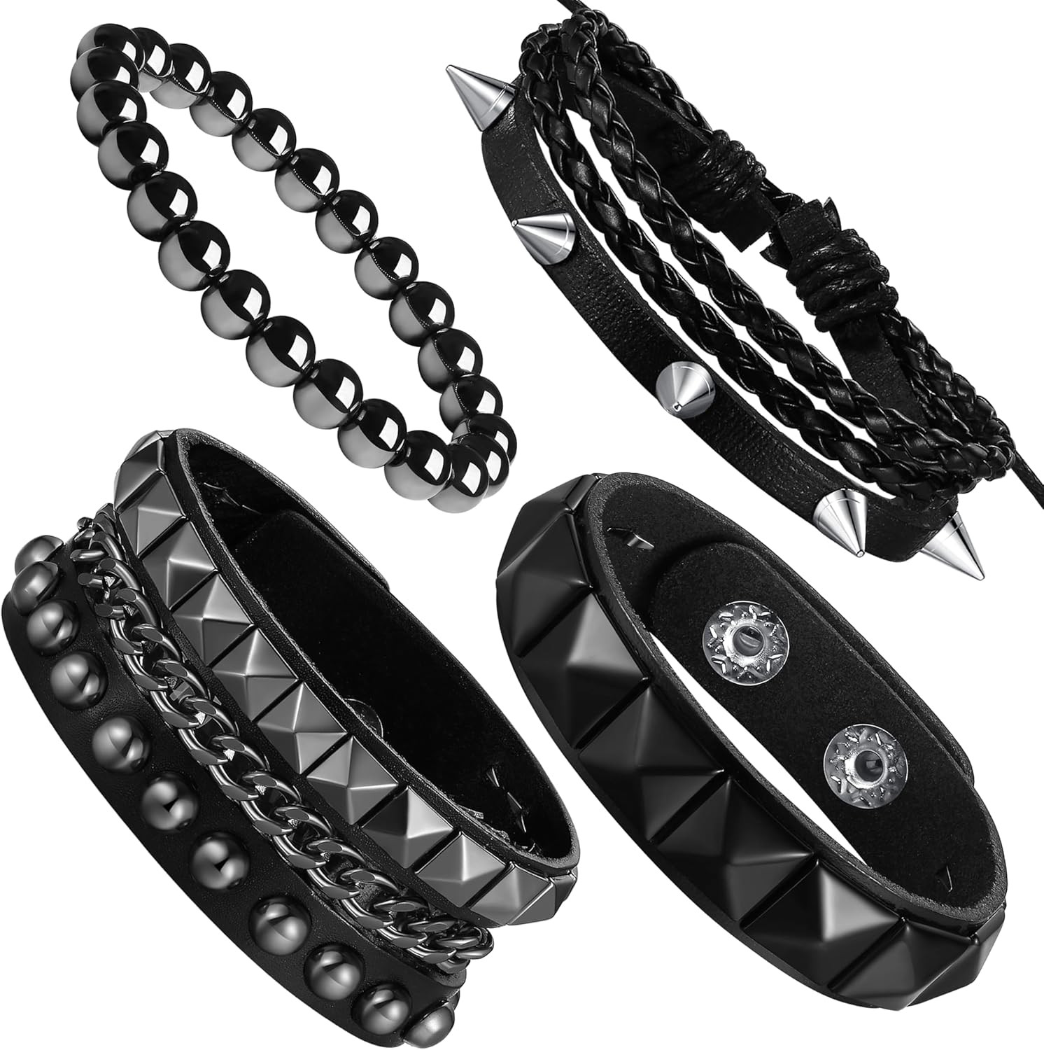 4Pcs 7.2-7.8in Punk Bracelets for Men Women Leather Spike Bracelet Metal Cuff…