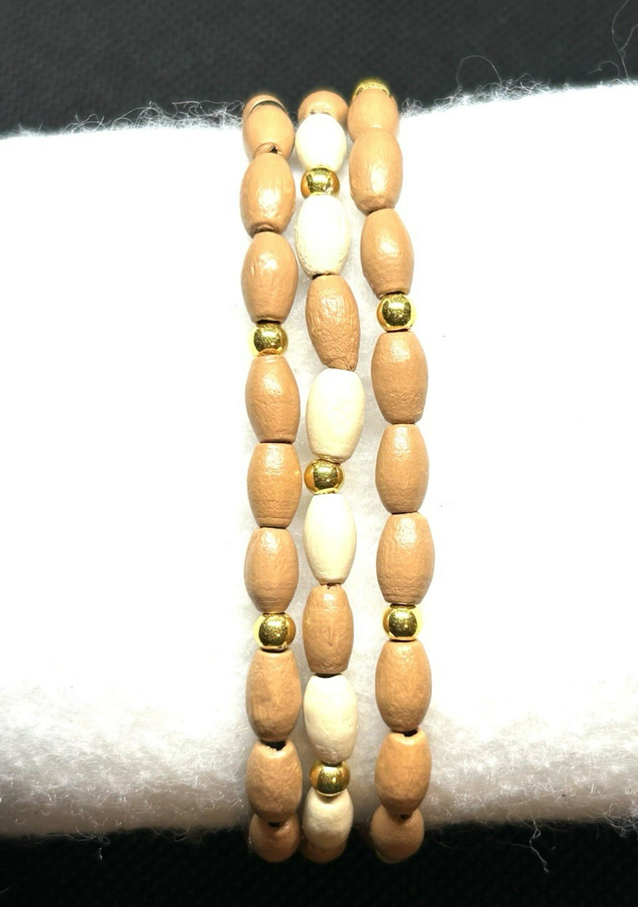 Tan & Ivory with Golden accents Bamboo Wooden Beaded Bracelet Set Size Large
