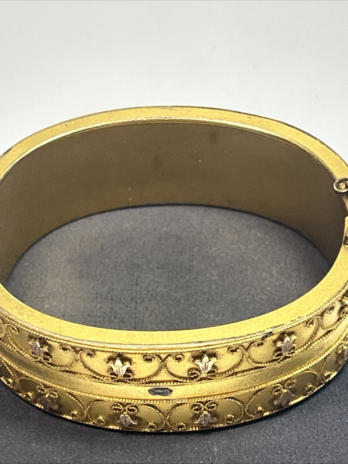Victorian Etruscan Revival Gold Gild Wide Floral Motif Insert Clasp Bangle