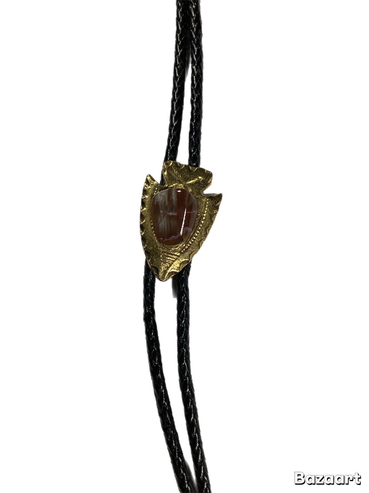 Vintage Gold Tone Arrowhead Bolo Tie Amber Stone Black Leather Cord (217)