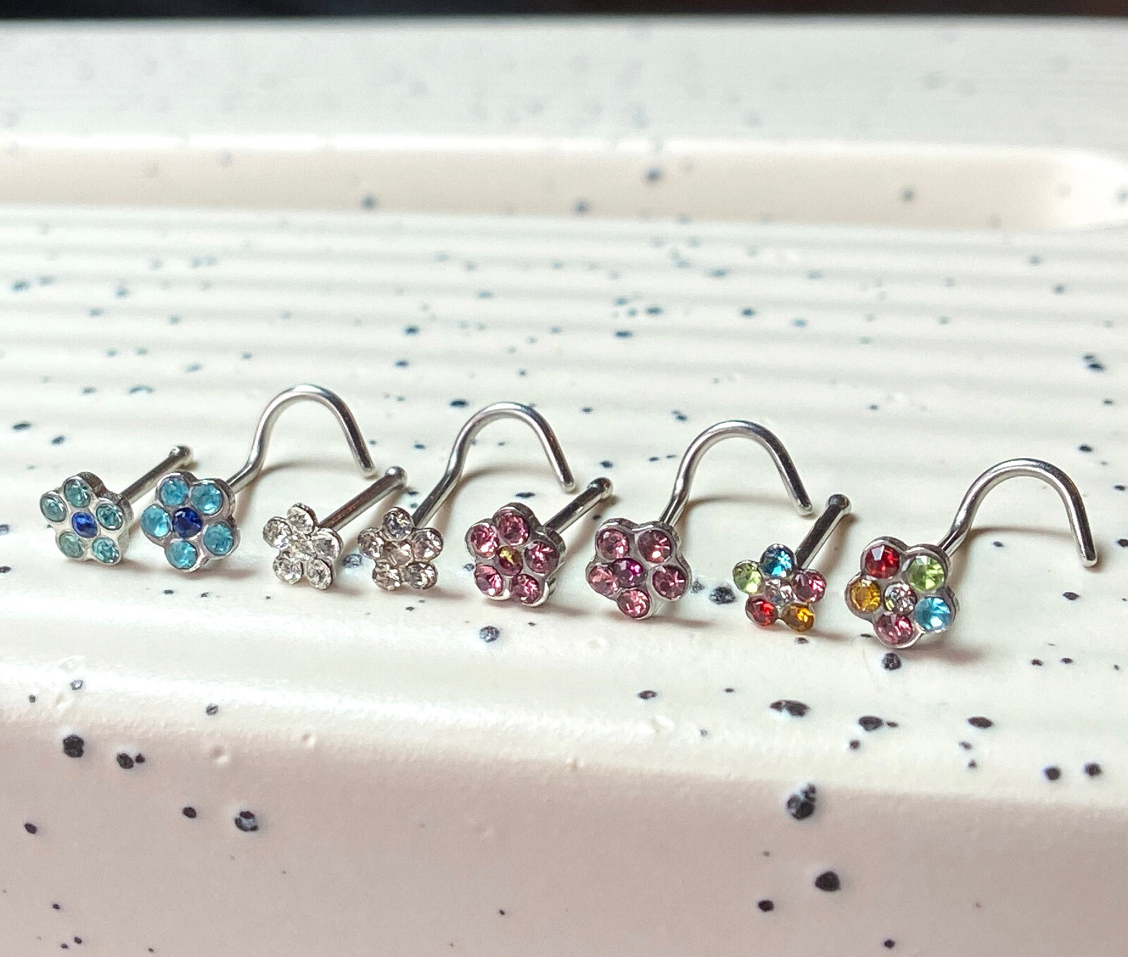 1pc Surgical Steel Nose Ring Gem Flower- choose color, 18g or 20g, Stud or Screw
