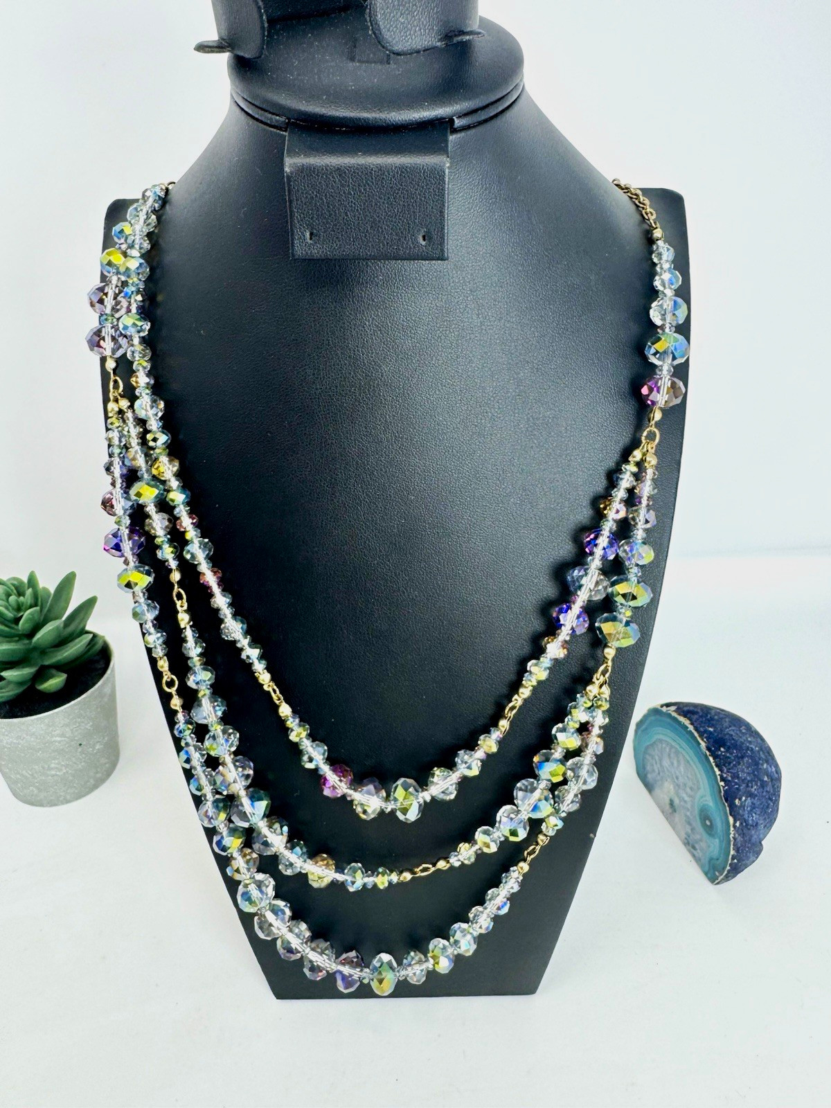 Vintage Triple-Strand Aurora Borealis (AB) Crystal Statement Necklace 36”