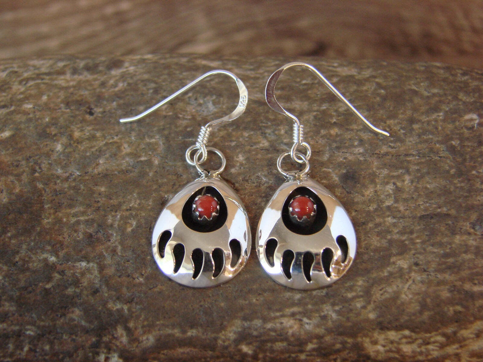 Navajo Indian Sterling Silver & Coral Bear Paw Dangle Earrings – Parker
