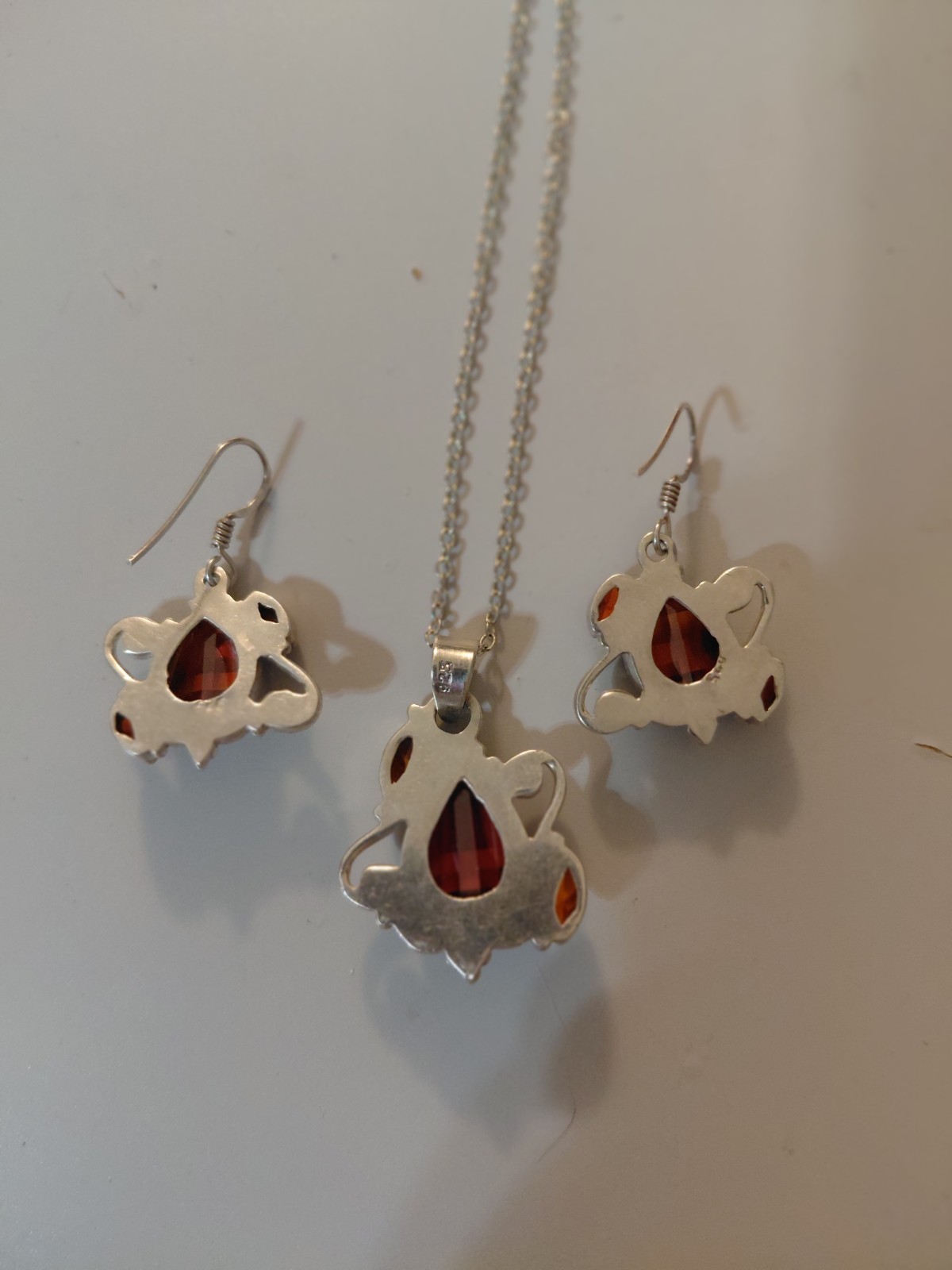Hessonite Garnet Necklace And Earrings Artisan Set: Sterling Silver 925 W/ 19g