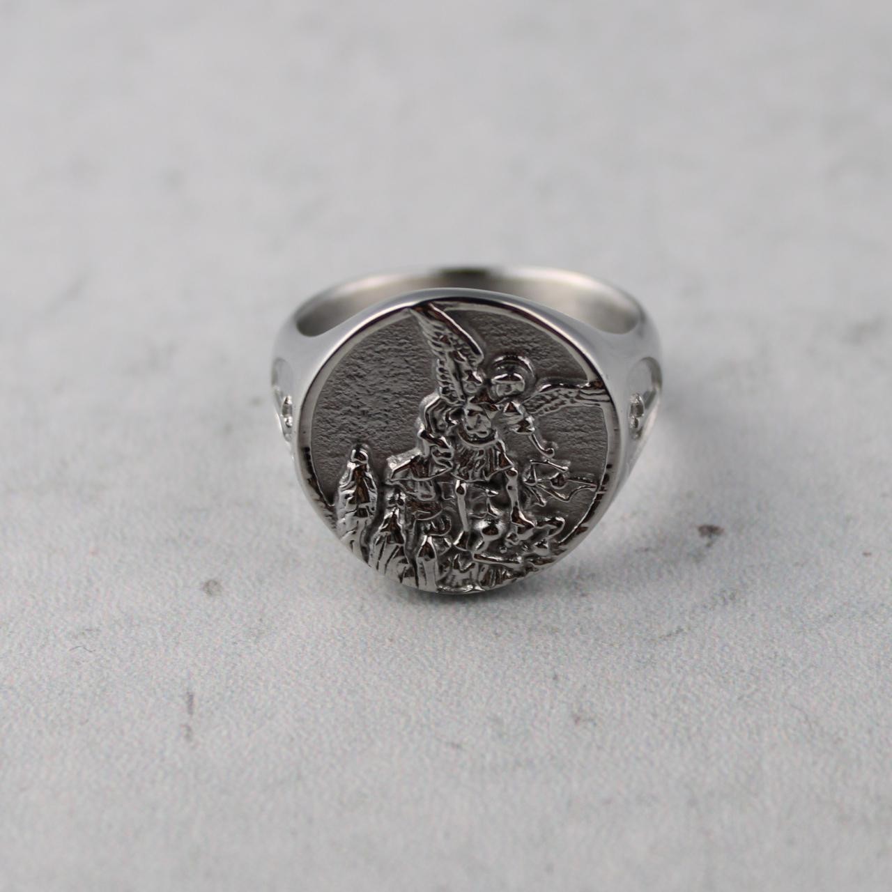 Silver Saint Michael Signet Ring Circle Cross Stainless Steel