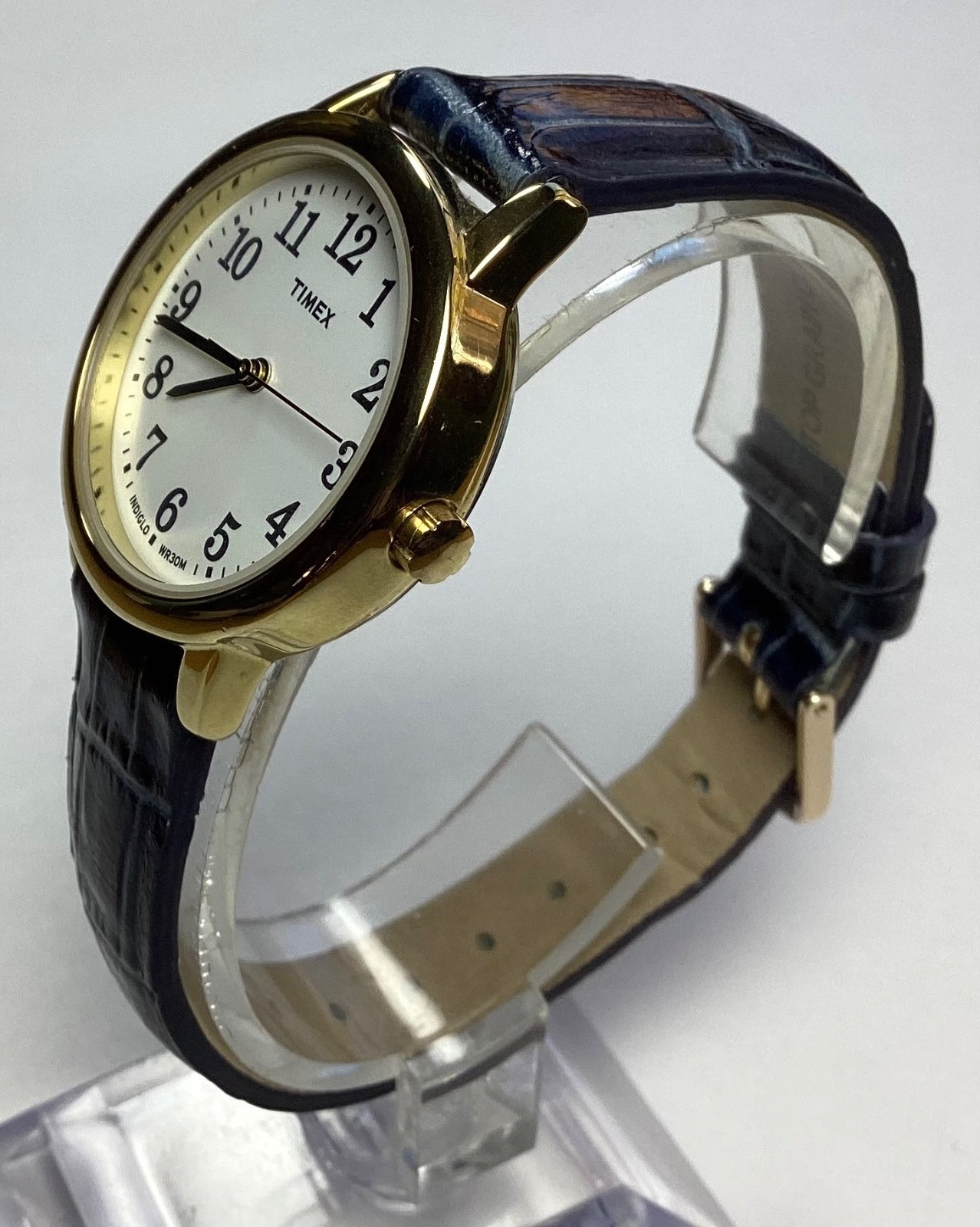 Timex Indiglo Womens Watch Gold White Navy Leather Band WR 30M New Battery