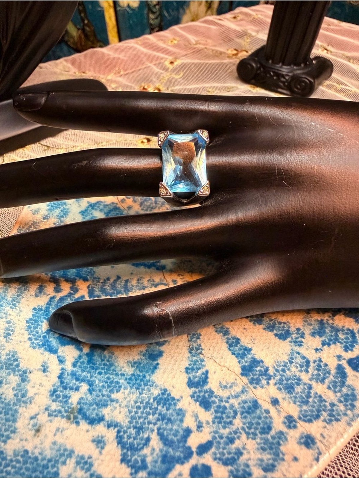Bright Blue Crystal Cocktail Ring in Silver-Tone Setting