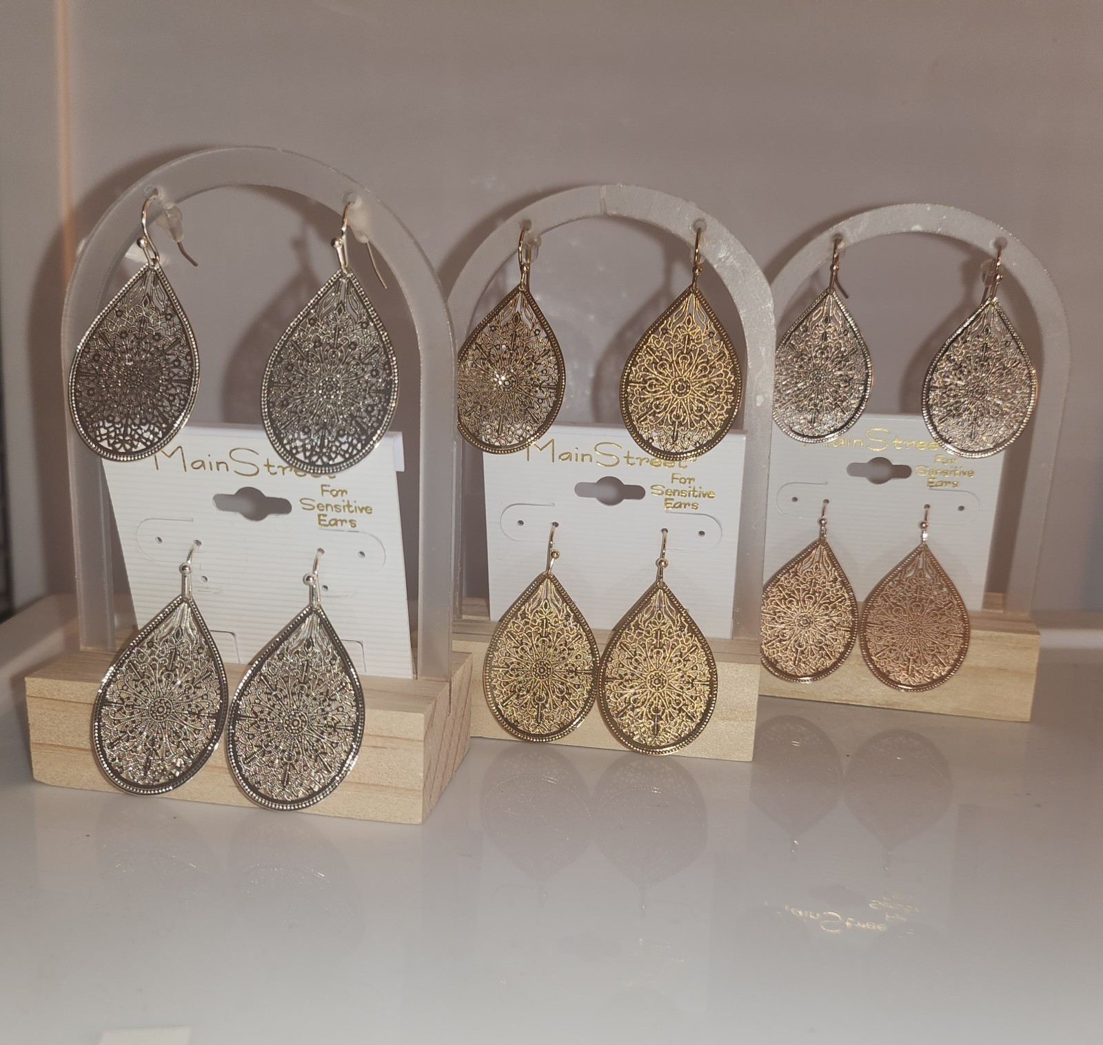 Large Delicate Filigree Teardrop Earrings: Silver, Gold & Rose Gold by Main St.