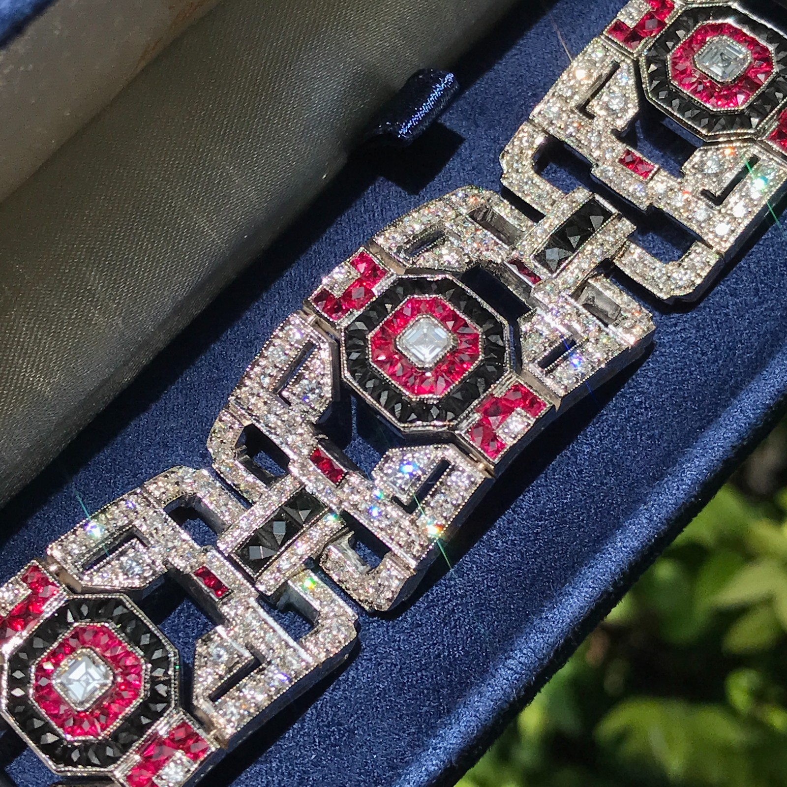 18K White Gold Diamond Ruby Onyx Art Deco Geometric Link Bracelet