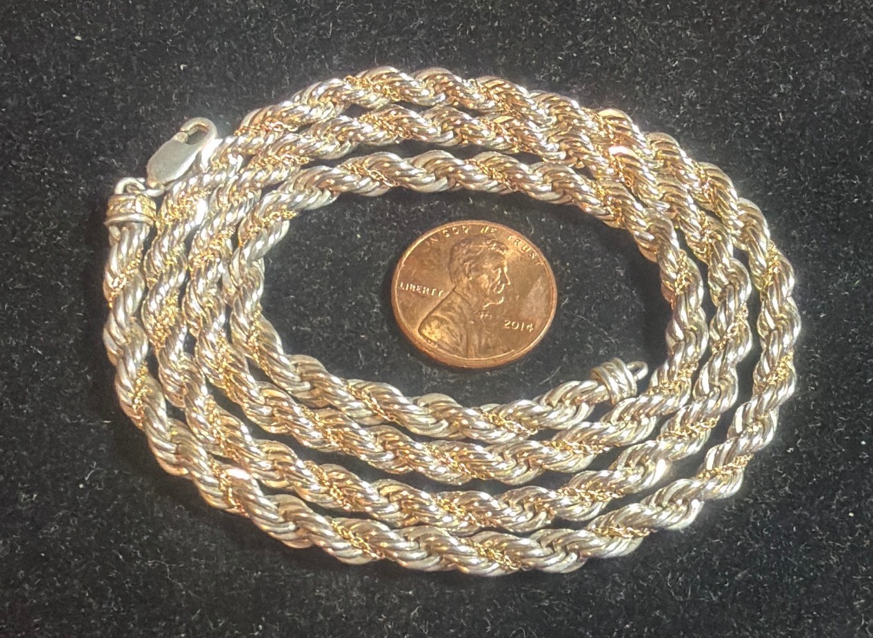 VTG 925 STERLING SILVER & 14K YELLOW GOLD NECKLACE PENDANT ROPE CHAIN 24″ 4.9MM