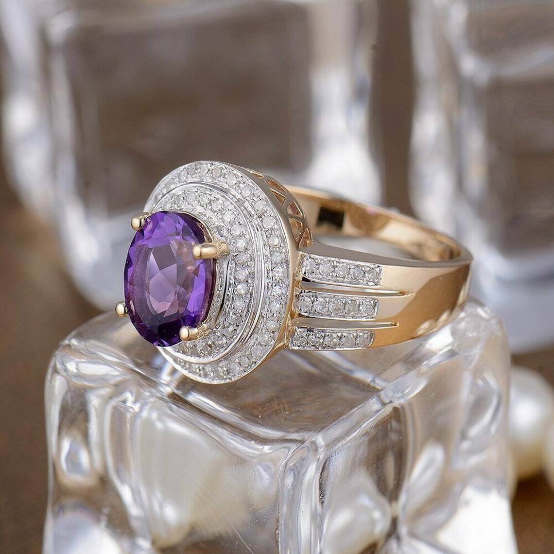 Gorgeous Wedding Ring Oval Cut Simulated Purple Amethyst 14k Yellow Gold Plated