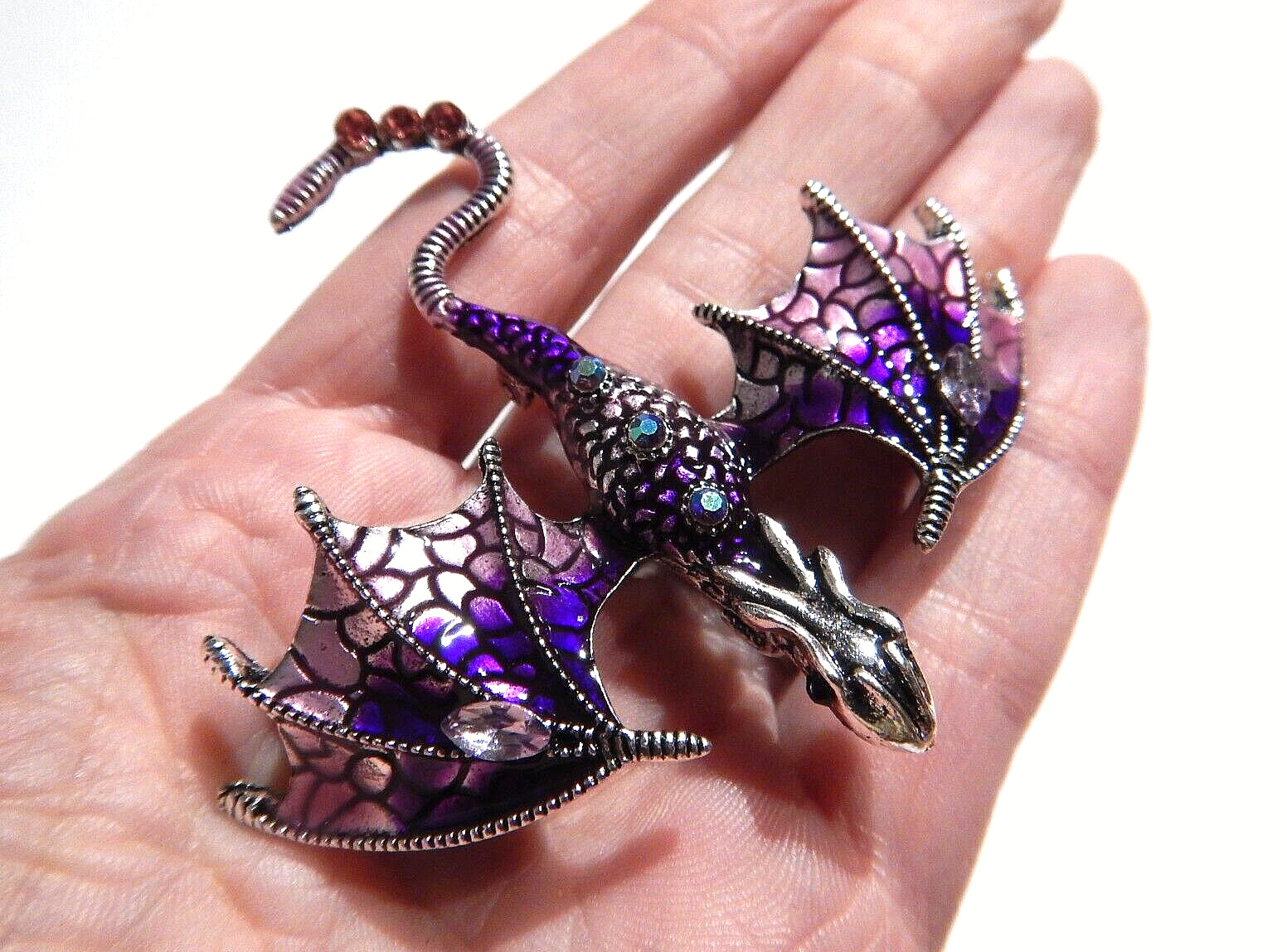 PURPLE DRAGON BROOCH or PENDANT flying wyvern enamel crystal pin fantasy S2