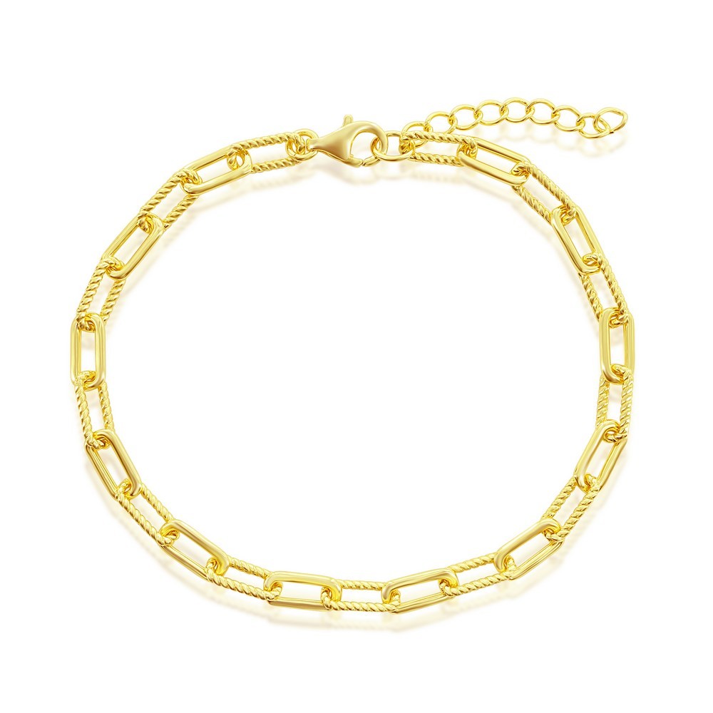 Sterling Silver Polished & Rope Design Paperclip Bracelet Gold Plated