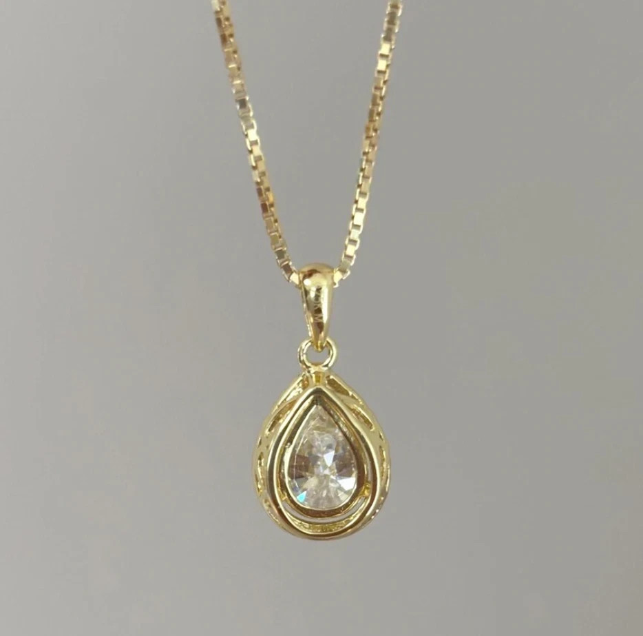 2.5Ct Pear Lab Created Diamond Halo 14K Yellow Gold FN Women’s Wedding Pendant