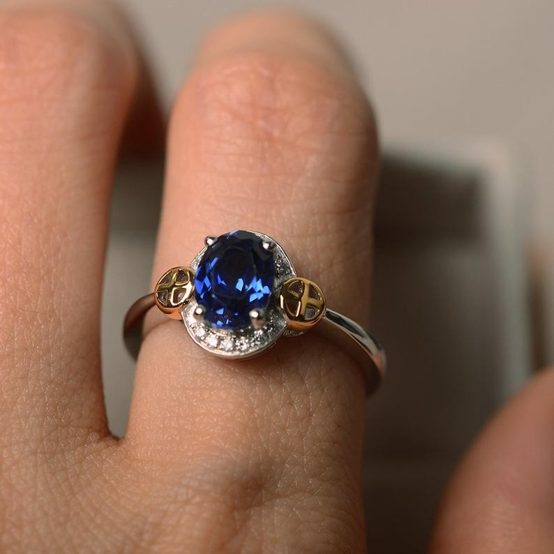 1.16 Ct Oval Cut Natural Sapphire Diamond Wedding Ring 14K White Gold Size 8