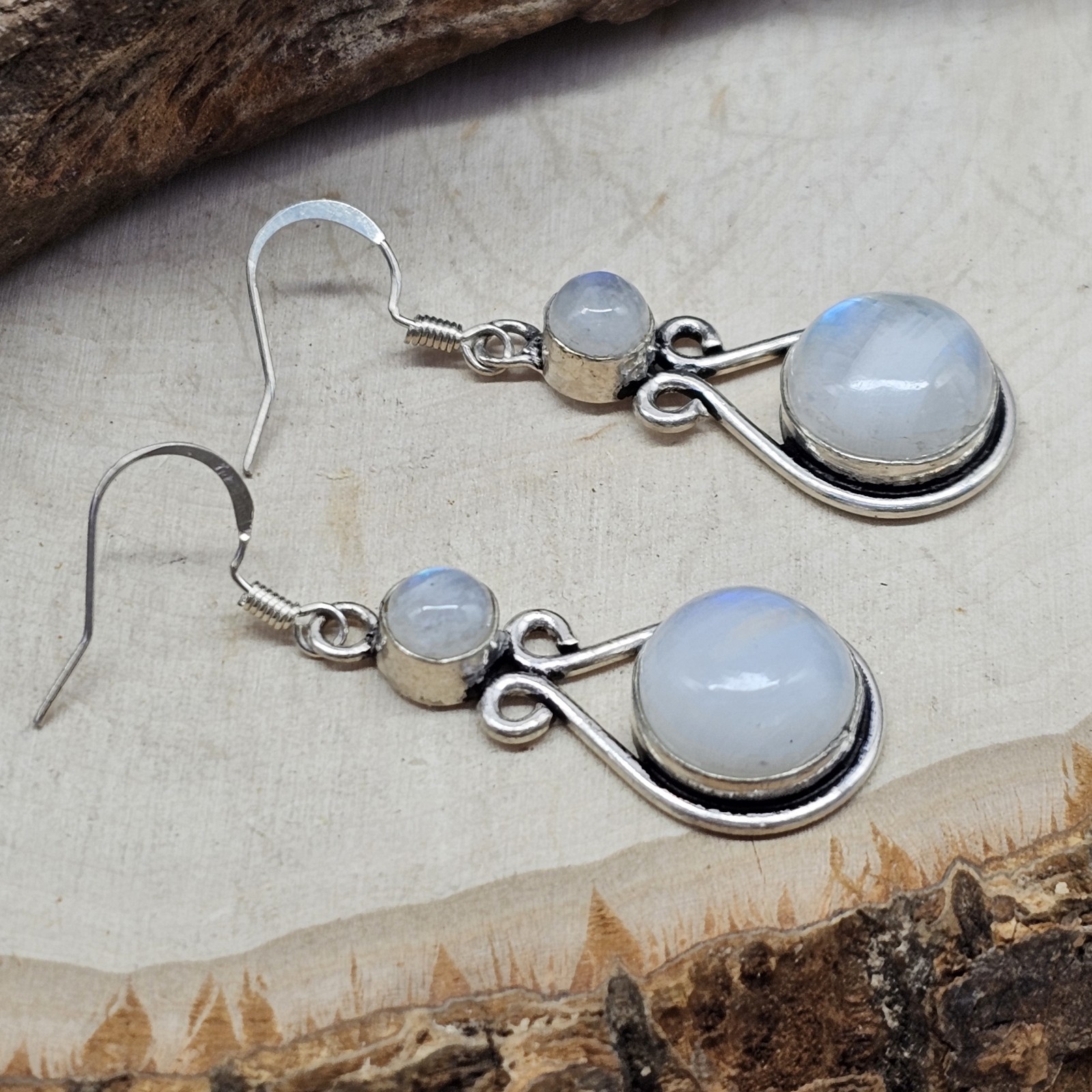 925 Overlay 12.2mm Rainbow Moonstone 2″ Drop Earrings