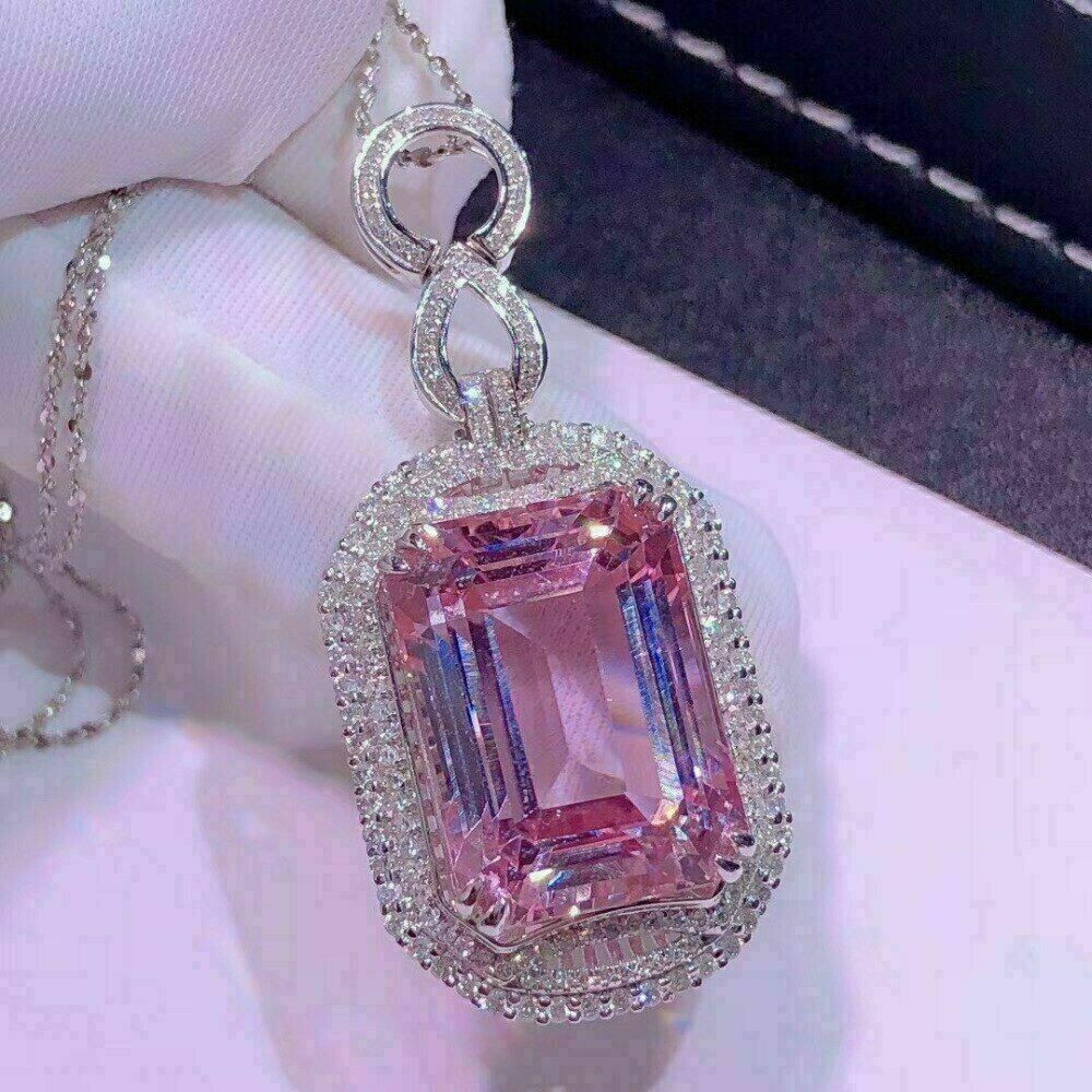 3Ct Emerald Cut Pink Sapphire Women’s Pendant 14K White Gold Over Free Chain