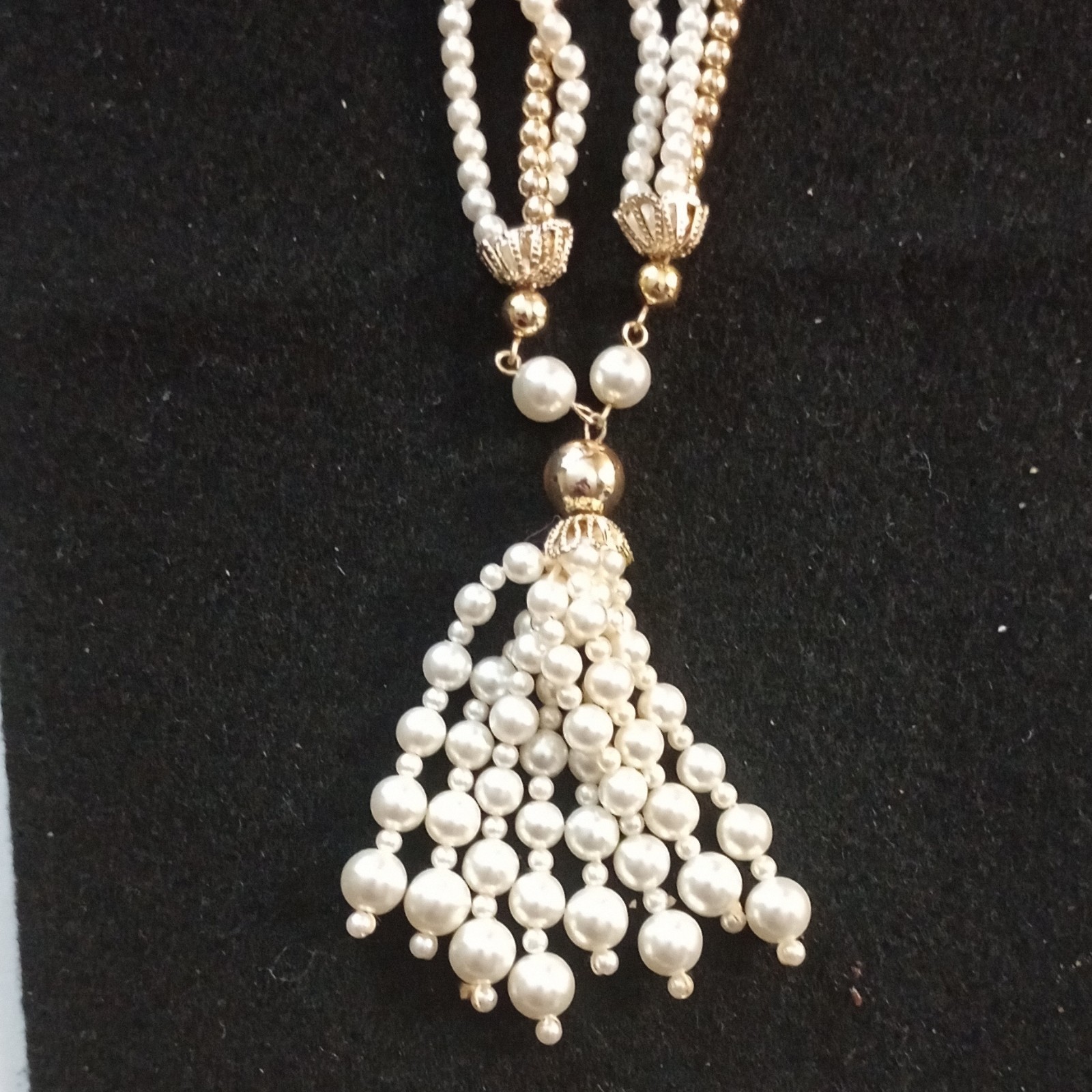 Vintage Faux Pearl Multi-Strand Beaded Chain Necklace Gold Tone Tassel Pendant
