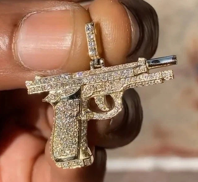 2.30Ct Round Cut Real Moissanite Gun Charm Pendant 14K Yellow Gold Plated
