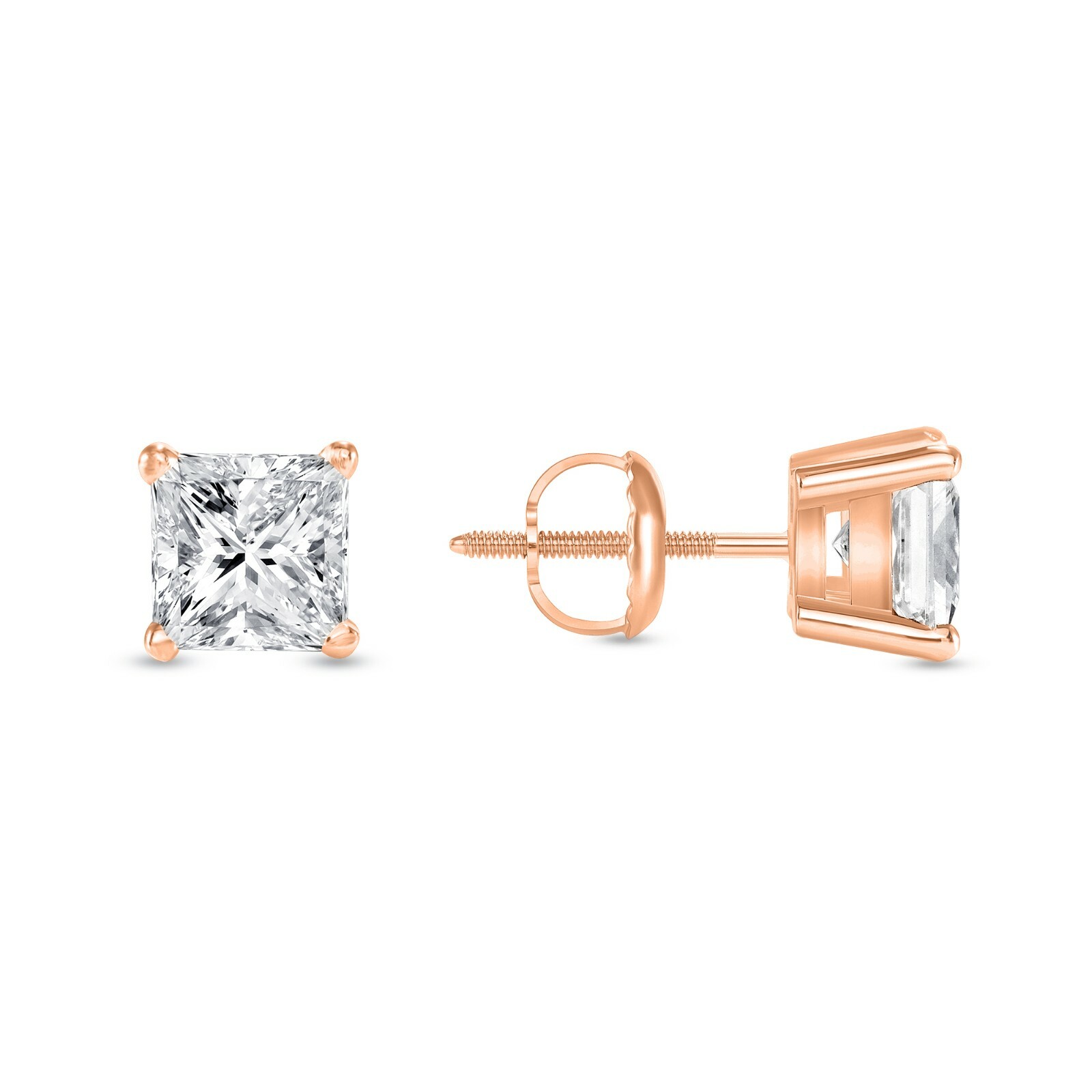 2.25 Ct Princess Created Diamond Earrings Stud Real 14K Rose Gold Basket Screw