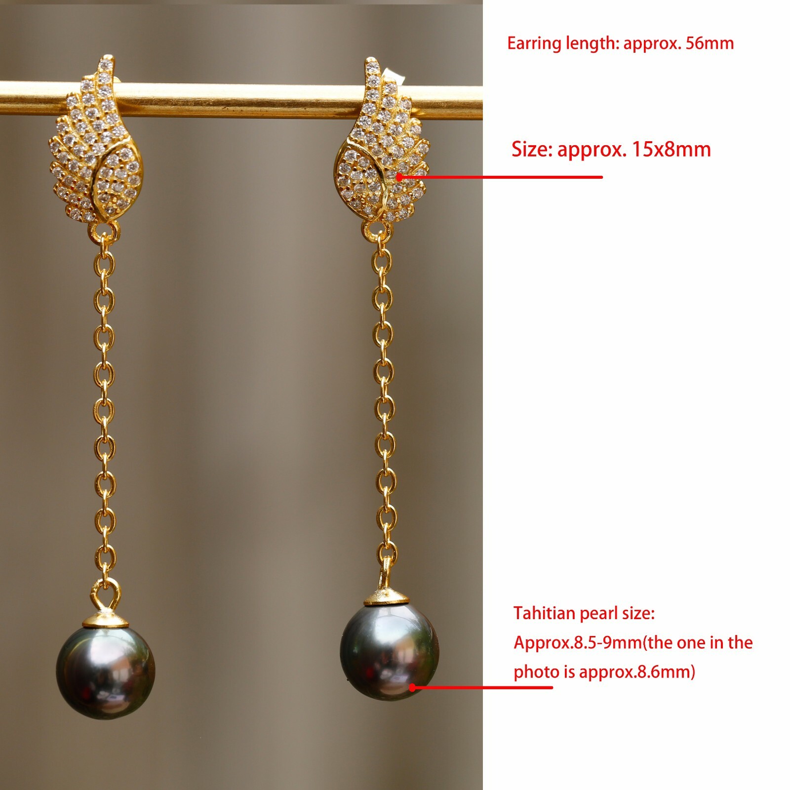 8.5~9mm Peacock Black Tahitian Pearl S925 Silver Angel Wing stud Earring Dangle