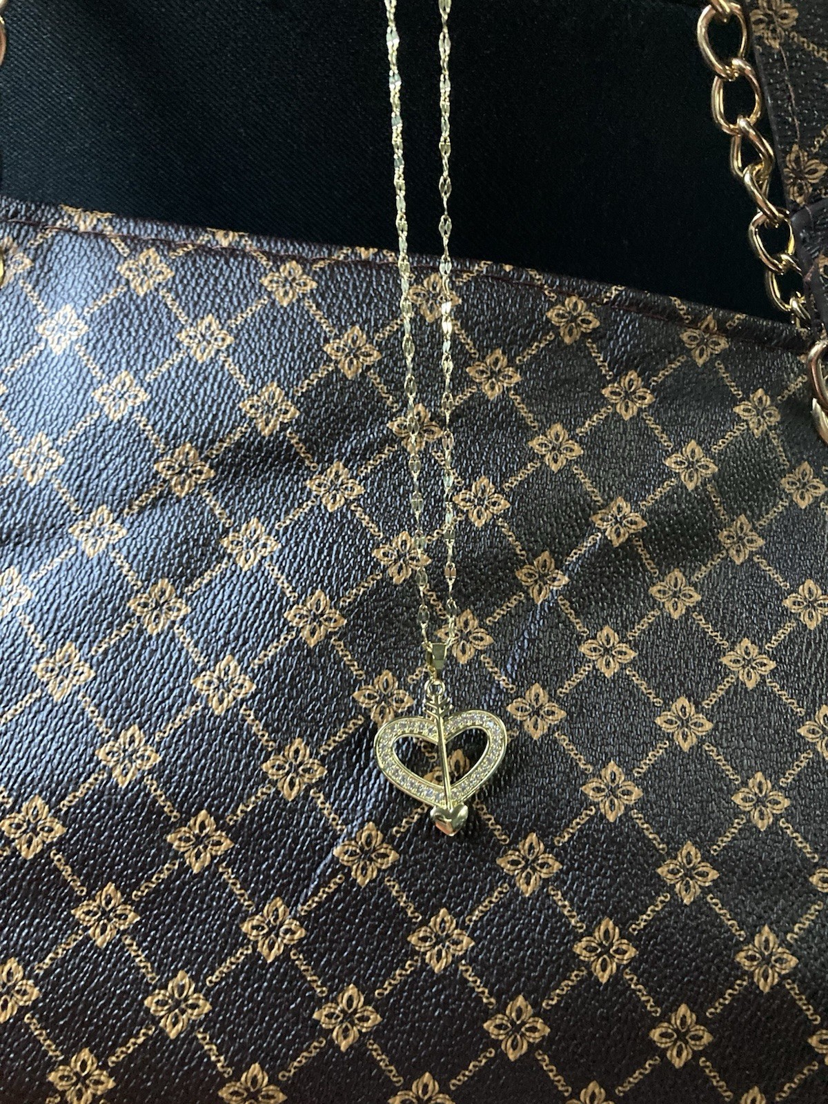 Gold Tone Heart Charm Pendant Necklace Clear CZ Pavé Round Stone Cable Chain