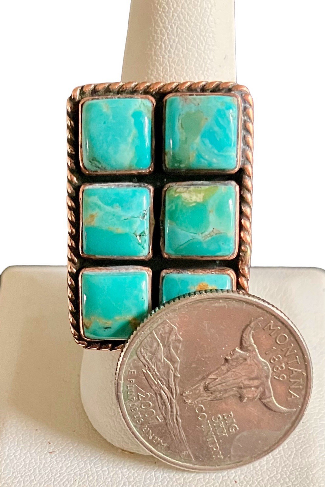 Southwest Boho Copper Kingman Mojave Turquoise Cluster Ring Adj 8 9 10 11 12