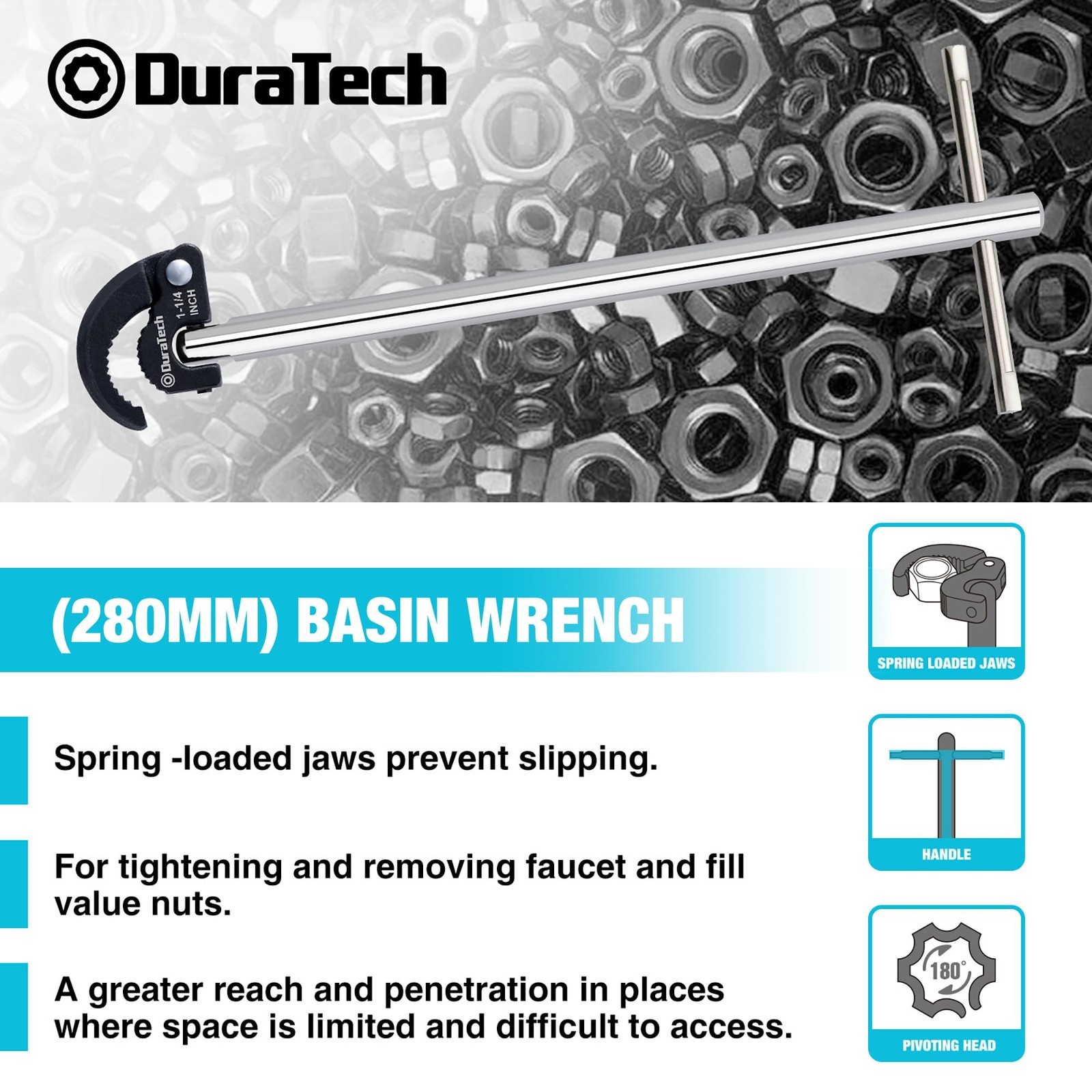 DURATECH 11″ Basin Wrench, Sink Adjustable Tap Silver