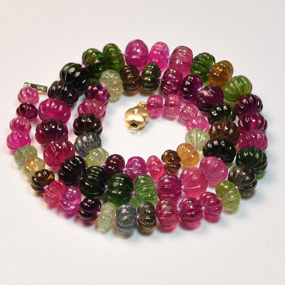 7.2mm-11.6mm Fine Tourmaline Carved Melon Bead Necklace 14K Diamond clasp