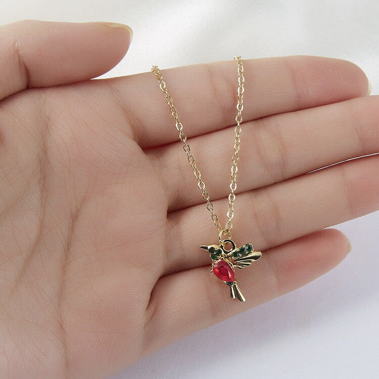 Colorful Red/Pink Crystal Hummingbird Charm Pendant Necklace w/ Chain Bird Theme