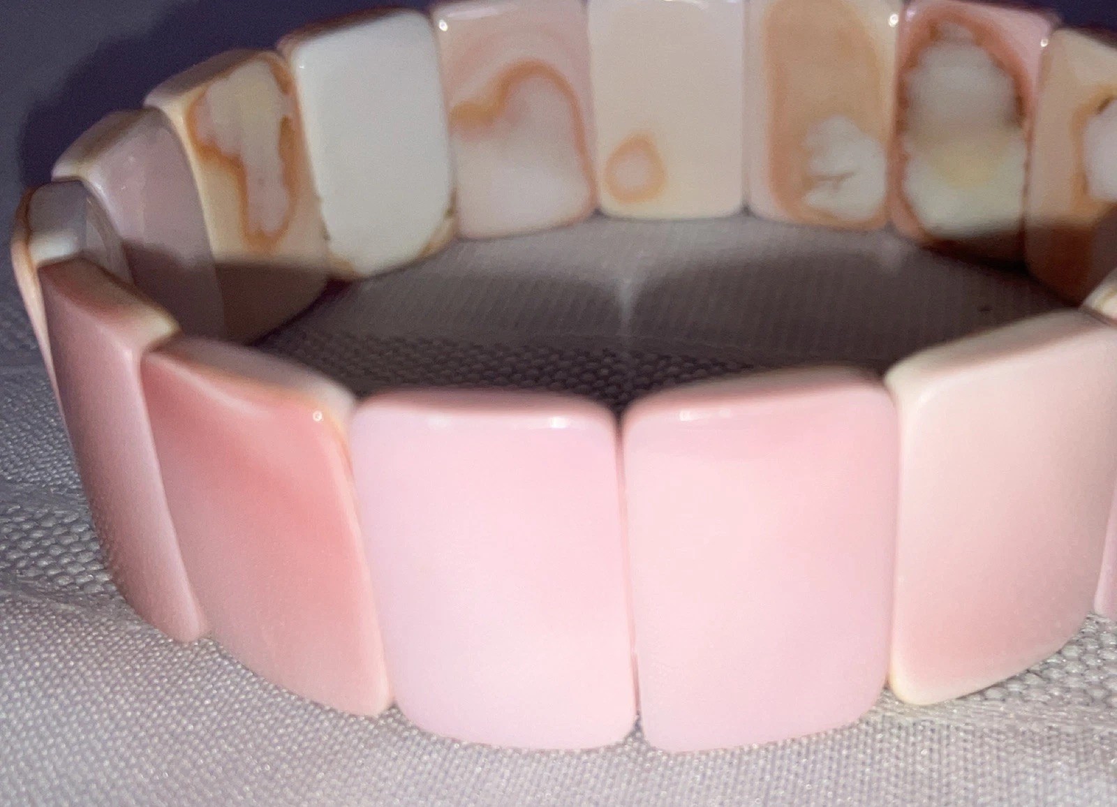 Pink Conch Shell Rectangle Beaded Stretch Bracelet 7.5″ Flexible 1 inch wide
