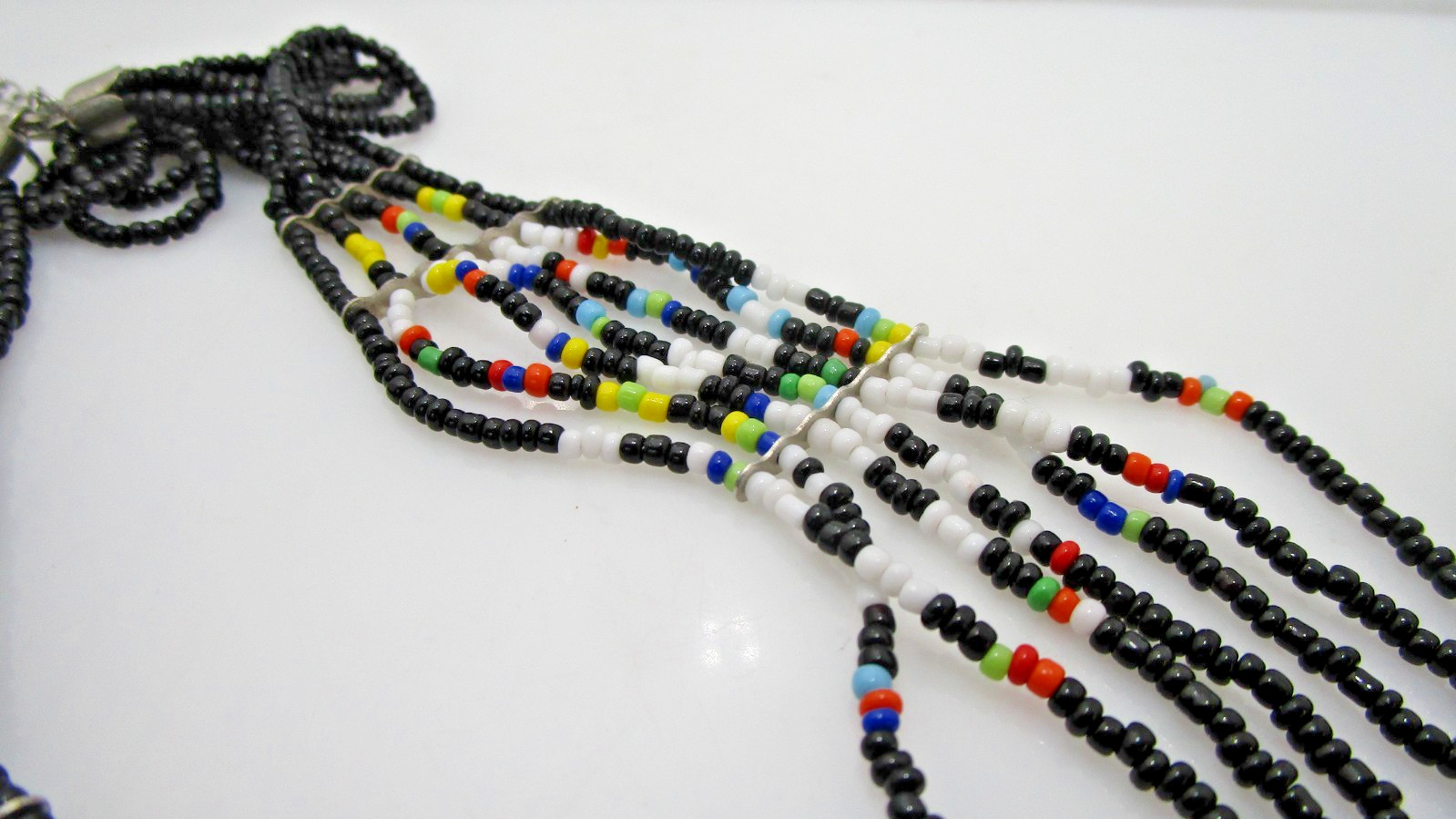 Southwestern 7 Stand Micro Multi Color Black Seed Bead Boho Necklace 28″